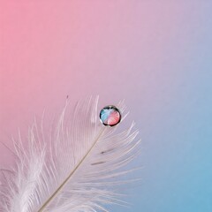 A single crystal-clear raindrop perfectly balanced on the tip of a delicate feather. The water droplet magnifies the intricate barbs 