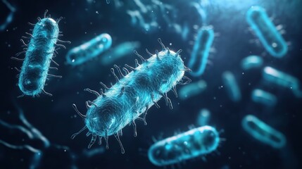 Fototapeta premium Vibrant Microbial World: Detailed Close-Up of Bacteria in Stunning Blue Lighting, Capturing Intricate Cellular Structures in a Futuristic Lab Setting for Scientific Research and Education
