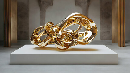 Liquid Gold: A mesmerizing abstract sculpture, elegantly displayed on a minimalist white pedestal, bathed in soft, warm light.