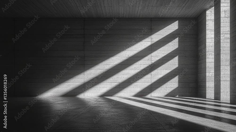 Poster textured brutalist concrete wall with light and shadow patterns in minimalist interior setting