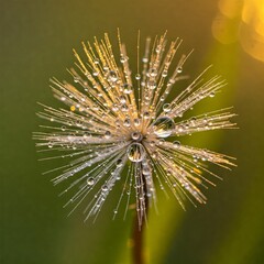 dandelion seed covered in crystal-clear dewdrops, reflecting a tiny, inverted world.

