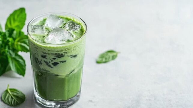 Close-up of a layered matcha latte with ice cubes and fresh mint on a light background