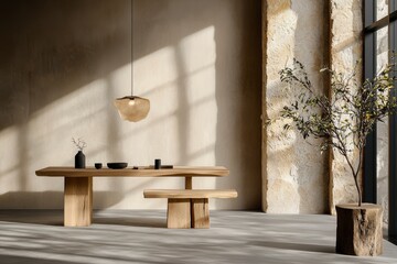 This scene features a workspace with a clear emphasis on natural elements and a minimalist aesthetic The pine wood desk serves as a central point, complemented by a soothing beige color scheme that