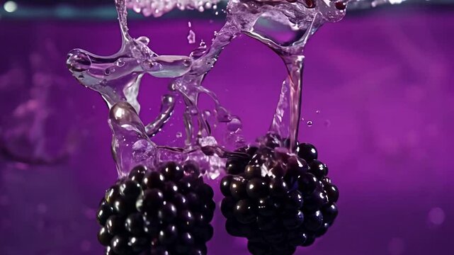 Super slow motion video of falling blackberries into water, isolated on purple background, filmed on high-speed cinema camera, 1400 fps, with mysterious, moody lighting