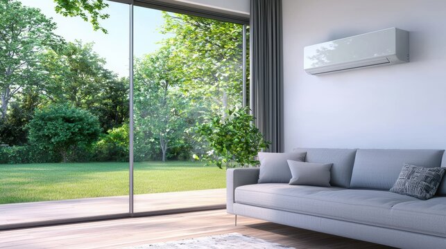 Modern Interior View with Air Source Heat Pump in a Bright Living Space Surrounded by Greenery