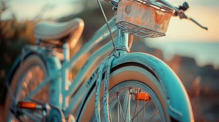 Fototapeta premium Light Blue Vintage Bicycle with Wicker Basket at Sunset