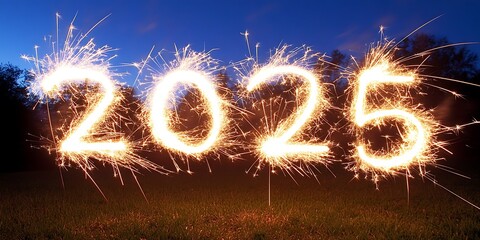 The year two thousand twenty five written with sparklers at night