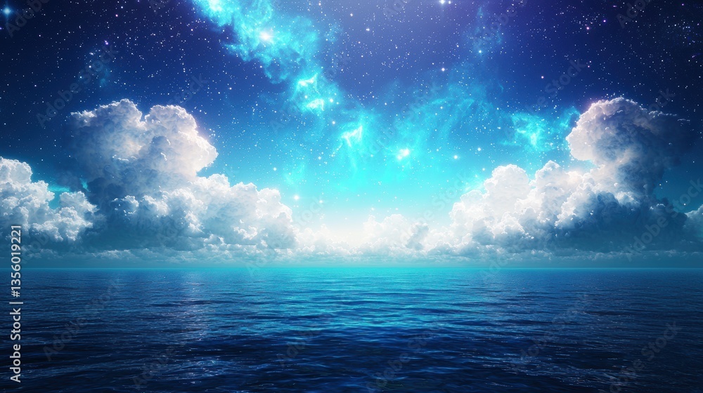 Poster surreal landscape of interconnected neural patterns and cosmic imagery above the ocean