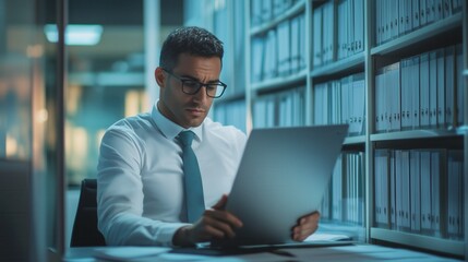 Focused Business Professional Analyzing Data on a Laptop in a Modern Office Archive with Bright Ambient Lighting and a Calm, Concentrated Atmosphere