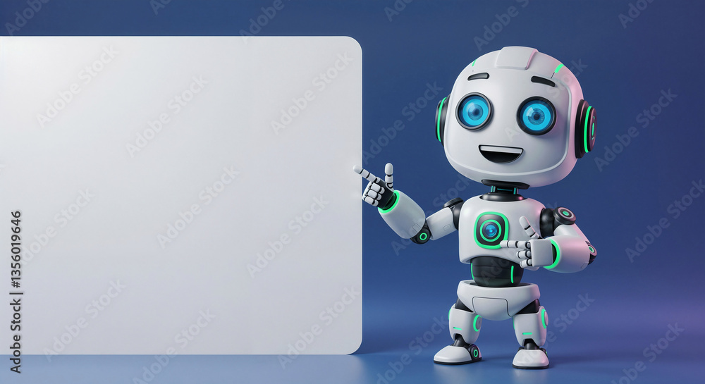 Poster positive cute robot pointing at a space. generative ai