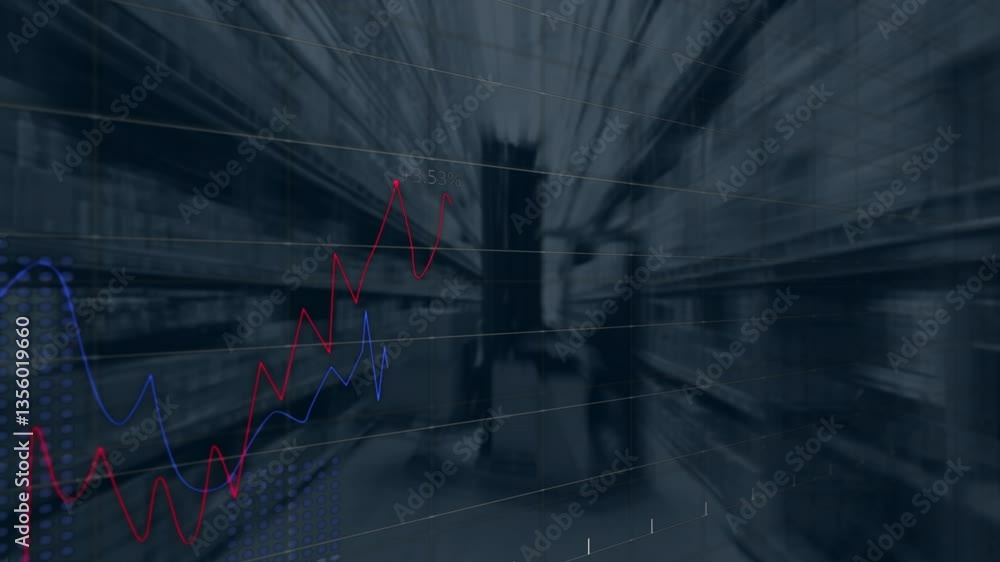 Poster financial graphs and data processing animation over blurred warehouse background