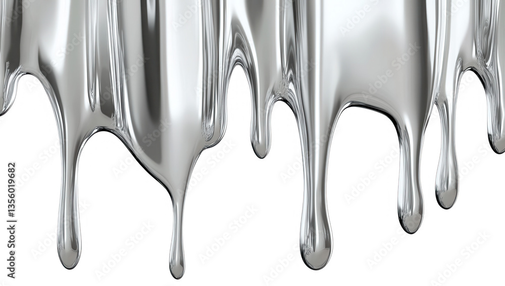 Poster shiny metallic liquid dripping in a smooth flowing manner resembling mercury or a similar substance 