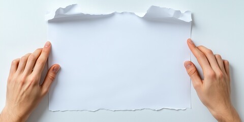 Hands holding torn paper with blank space for text on a white background