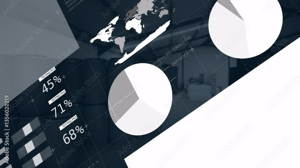 Poster animation of abstract geometric shapes and data charts in industrial warehouse setting