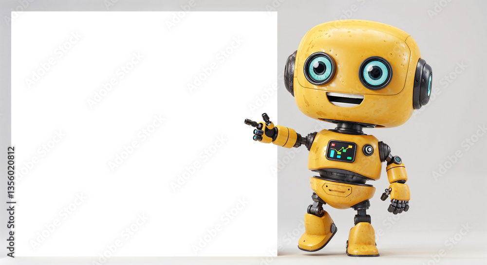 Poster positive cute robot pointing at a space. generative ai