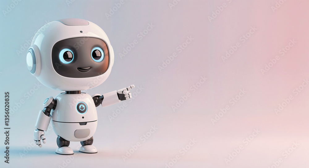 Poster positive cute robot pointing at a space. generative ai