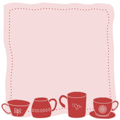 Tea and Coffee Cups Fram. Tea Party Doodle border Background.