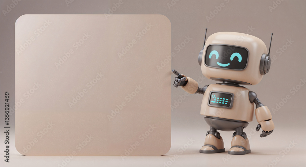 Poster positive cute robot pointing at a space. generative ai