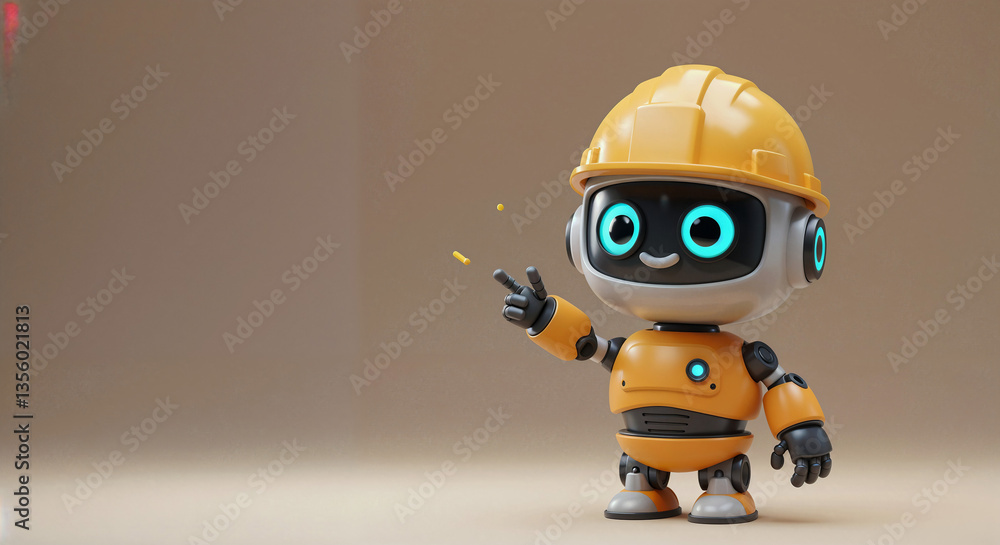 Poster positive cute robot builder pointing at a space. generative ai