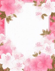 Fototapeta premium 和紙に手書き描かれた白色とピンク色のつつじの花のフレーム背景素材。テキストスペースあり。AIで生成