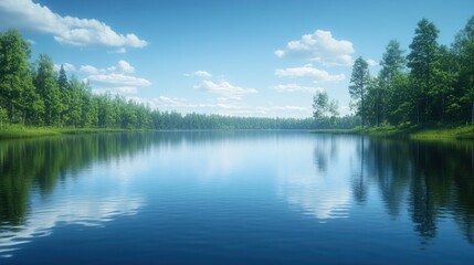 Fototapeta premium Serene lake reflecting forest canopy on a sunny day. Ideal for nature, peace, or travel brochures