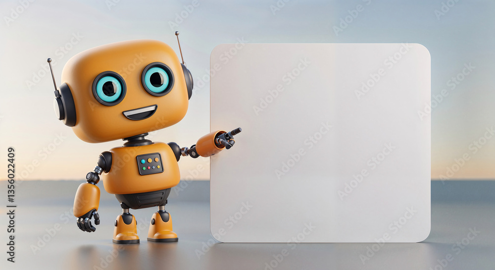 Poster positive cute robot pointing at a space. generative ai