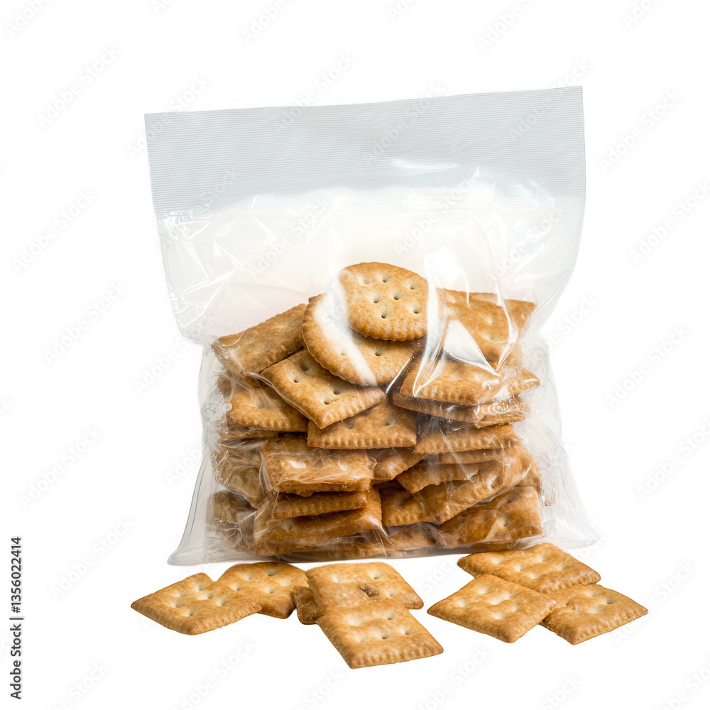 Poster a transparent bag filled with rectangular crackers with some scattered around showcasing a simple sn