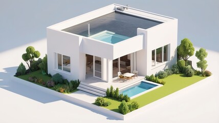 Fototapeta premium A small modern minimalist house isometric perspective,&nbsp;3D model miniature