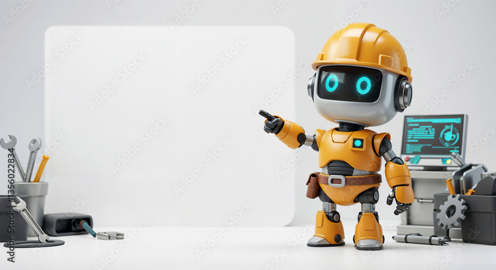 Aufkleber positive cute robot builder pointing at a space. generative ai