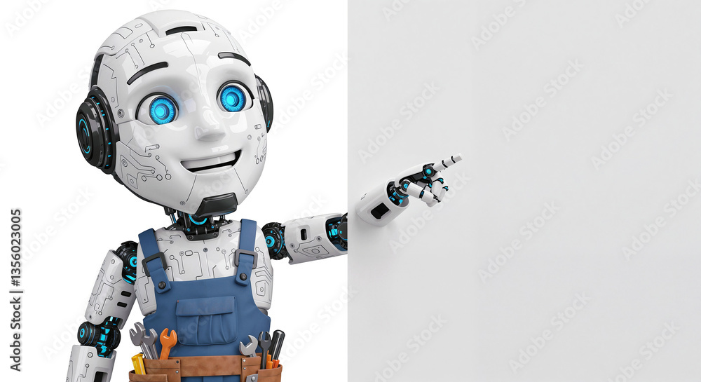 Poster positive cute robot pointing at a space. generative ai