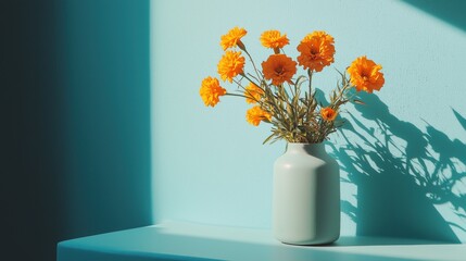 Vibrant Orange Marigold Flowers in a Modern Mint Green Vase Against a Bright Aqua Background, Capturing the Essence of Spring with Elegant Shadows and a Minimalistic Aesthetic