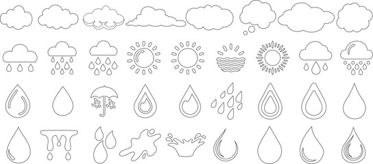 doodle weather icon set, rain drops, sun, clouds, and water drop vector illustration in outline style for weather forecast, climate apps, meteorology, environmental graphics, digital design project