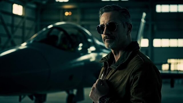 The commander stood confidently in front of the jet, reviewing the flight plan and preparing for the upcoming mission with a focused demeanor.