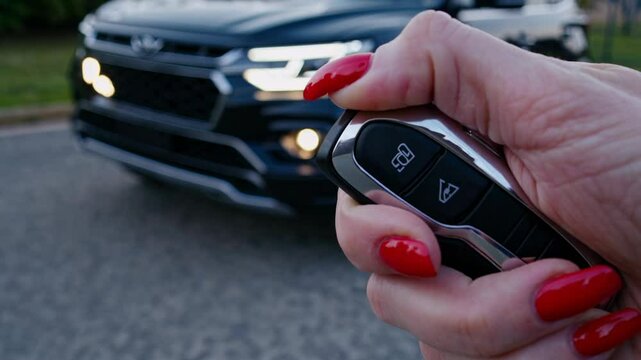 Unlocking modern suv with remote key fob in motion sequence
