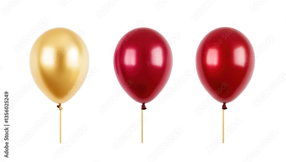 Poster three balloons in a row a shiny gold balloon on the left followed by a dark red balloon and a lighte