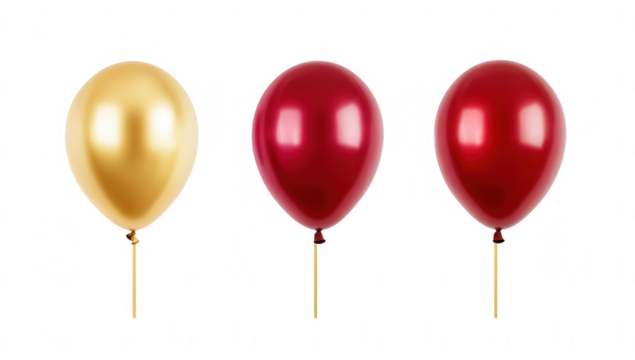 three balloons in a row a shiny gold balloon on the left followed by a dark red balloon and a lighter red balloon on the right the balloons are tied to sticks and set against a white background
