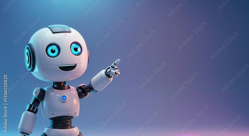 Poster positive cute robot pointing at a space. generative ai