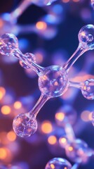 Microscopic World Molecular Structure: A Detailed Closeup of a Transparent Molecular Model Illuminated with Vibrant Purple and Orange Lights