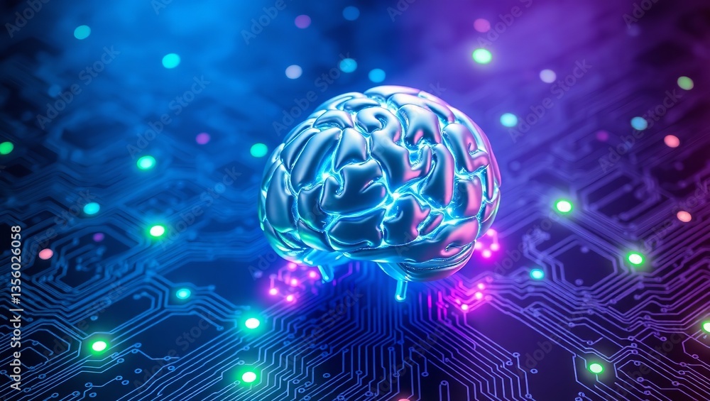 Aufkleber a metallic brain awakes, its neural pathways illuminated in vibrant hues on a glowing circuit board,