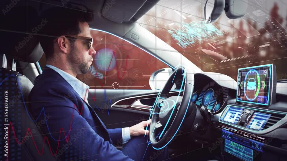 Poster driving car, man viewing digital animation with data and graphs on dashboard