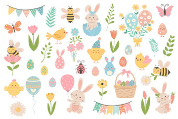 Cute easter set with chickens, bees, rabbits, flowers, eggs, balloons, flags, basket and other. Pastel design elements for Easter and spring.