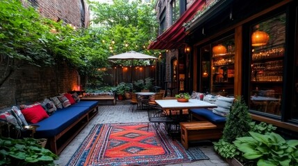 This bohemian patio lunch setup exudes a relaxed vibe with its vintage touches and natural colors Imagine gathering with friends for a leisurely afternoon meal in this charming outdoor space The