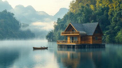 Fototapeta premium Serene Wooden Lake House in Misty Mountain Landscape