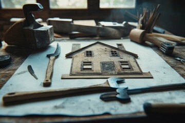 Craftsman's workshop table with miniature house model and tools.
