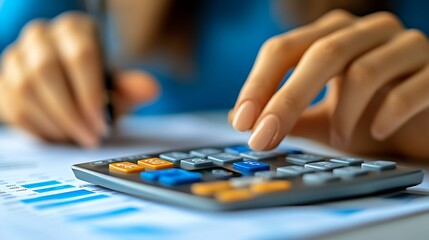 Fototapeta premium Close-up of woman's hands using calculator and reviewing financial documents.
