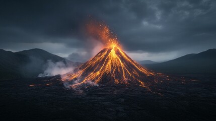 Fototapeta premium Erupting volcano at night with glowing lava and dark clouds.