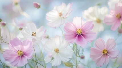 Fototapeta premium Vibrant Pink and White Cosmos Flowers in Soft Focus Against a Dreamy Background, Celebrating Nature’s Grace and Beauty with Gentle Lighting and Delicate Composition