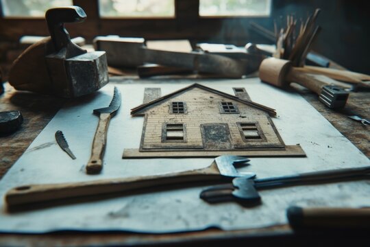 Craftsman's workshop table with miniature house model and tools.