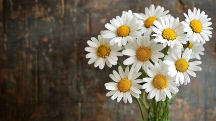 Obraz premium Vibrant White Daisies Bouquet with Bright Yellow Centers Set Against a Rustic Wooden Background, Exuding a Fresh and Cheerful Atmosphere, Perfect for Spring Decor and Floral Arrangements