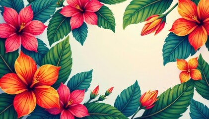 Bold tropical floral print, vibrant colours, large blooms, flowers, bold